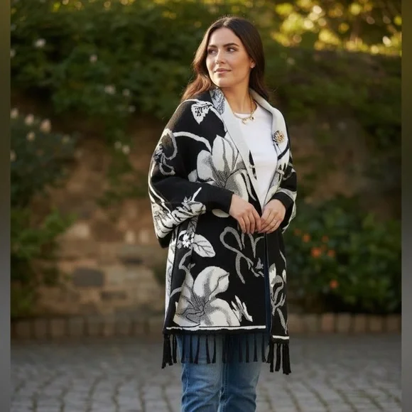 Black and Cream Floral Women's Sweater Poncho - Picture 2 of 3